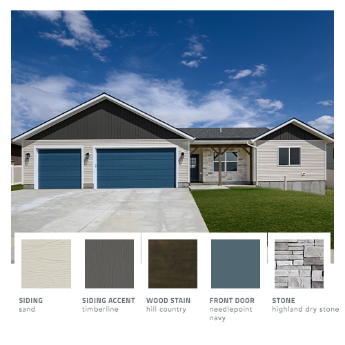 Finished ranch style home with colors and finishes illustrated in popout selection boxes>