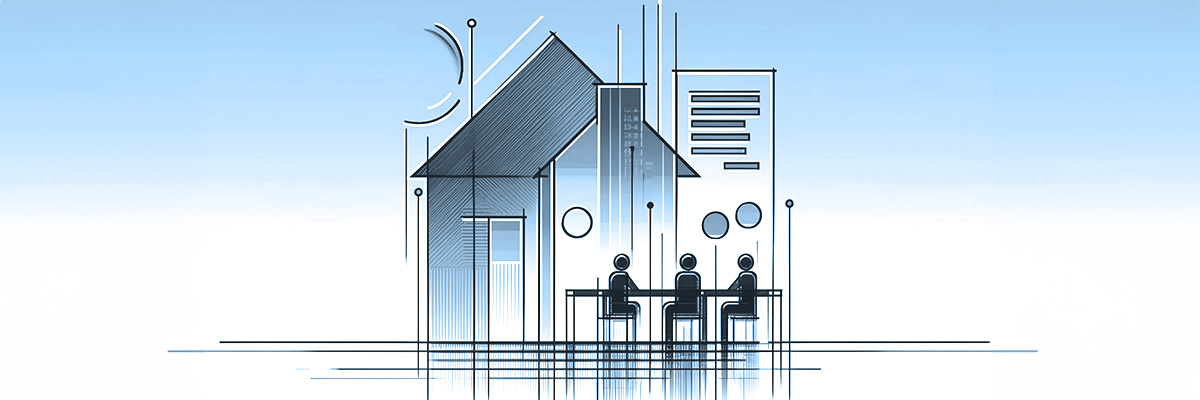 A highly abstract and minimalist panoramic image representing the 'Agreement to Build and Design Phase' of homebuilding on a white background. This ultra-wide and skinny format (1200x300) features extremely simplified, abstract elements: a few horizontal lines symbolizing a design table and vertical lines representing sample materials. Two very abstract figures, depicted as minimalistic shapes, engage in a design consultation. The composition is sparse, focusing on the essence of collaboration and creativity in the design process.