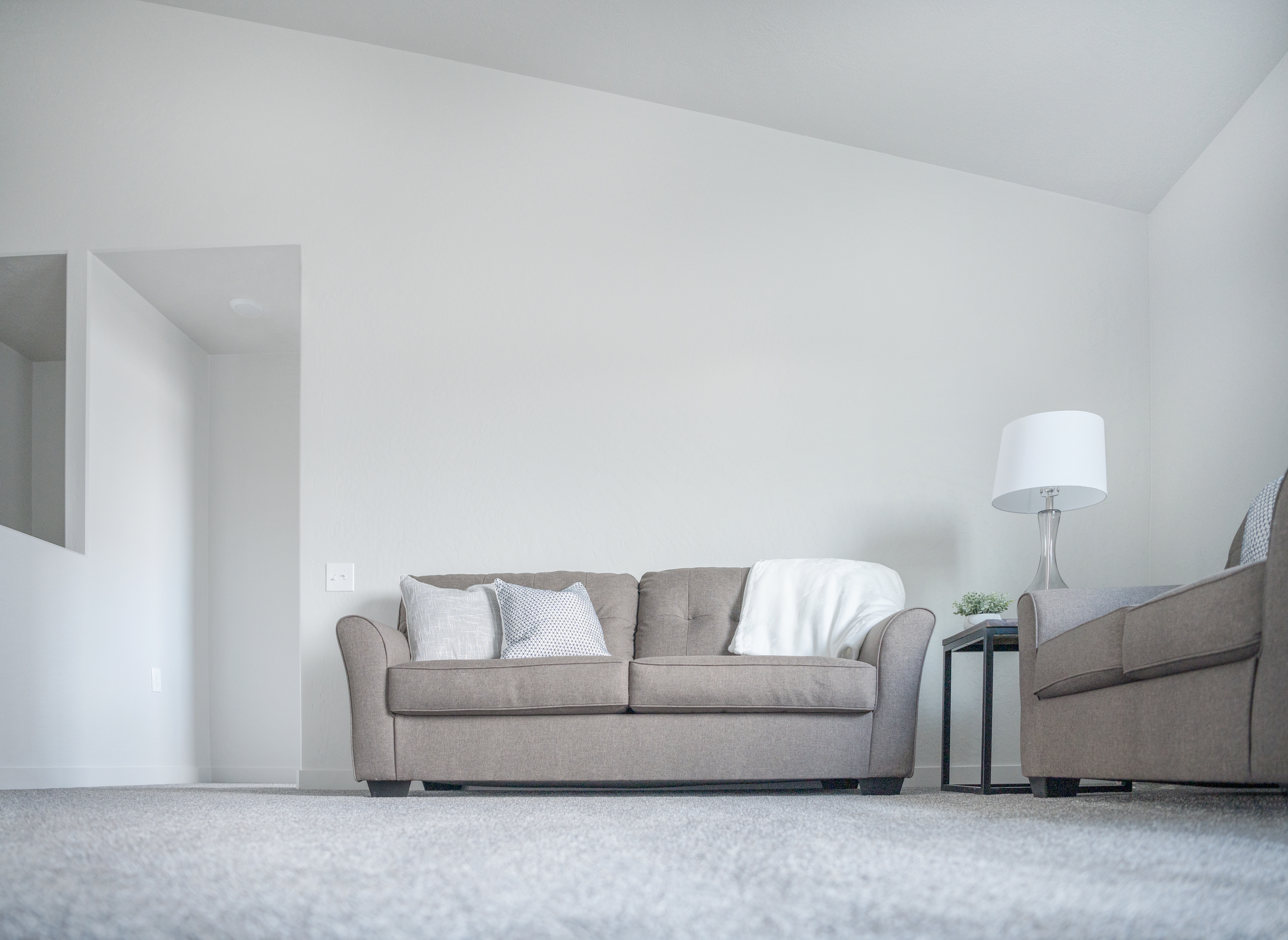 Spacious living room with a vaulted ceiling, creating a light and airy atmosphere. A simple, cozy couch with pillows and a blanket beckons relaxation and comfort.