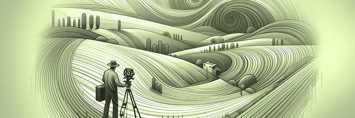 An image showing a professional conducting a site assessment on a piece of land, intended for future home construction, in a wide format. The professional, equipped with surveying tools, is examining the terrain, soil, and accessibility of an empty, natural land plot. The landscape includes slight undulations and different soil types, suggesting potential and limitations of the site