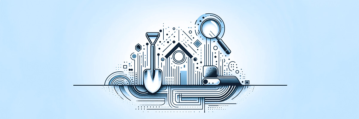 A highly abstract and minimalist panoramic image in a white background, representing the 'Construction' and 'Finishing Touches' phases of homebuilding. This ultra-wide and skinny format (1200x300) features abstract elements like a stylized shovel and house outline, symbolizing the beginning of construction. Additionally, there's an abstract representation of a house with a magnifying glass over it, indicating meticulous inspections. The overall composition is very sparse, using simple lines and shapes to convey the process of building and finishing a home with high standards.