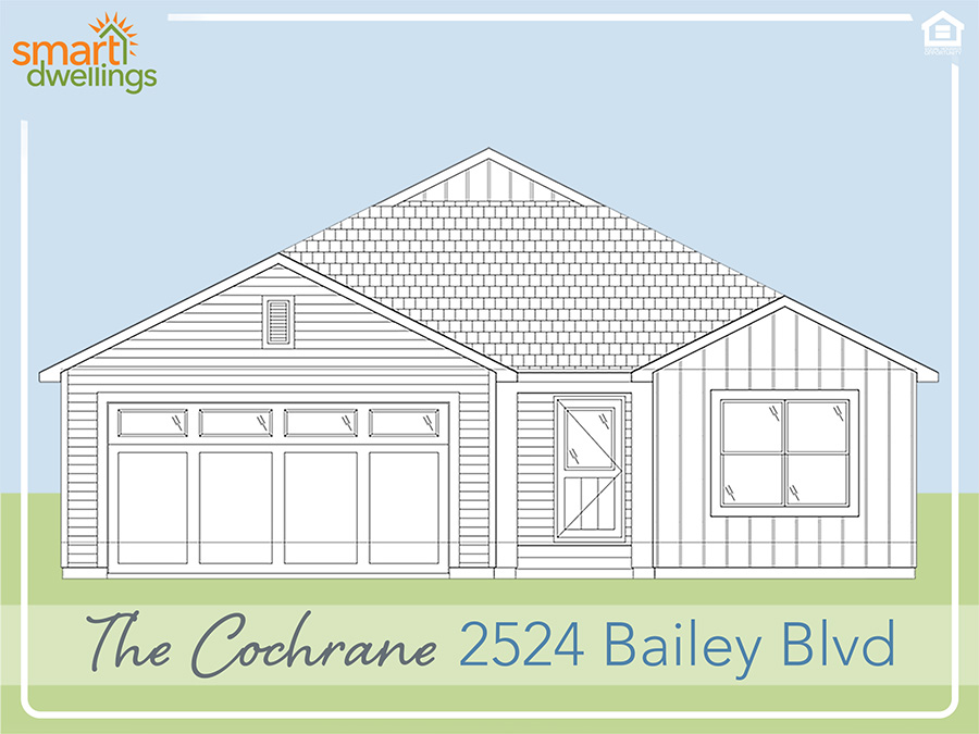 Rendering of The Cochrane home with blue and green background