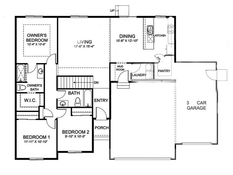 Architectural drawing of ranch-style home with walk-in pantry, 3 bed, 2 bath, and 3-car garage with unfinished basement 