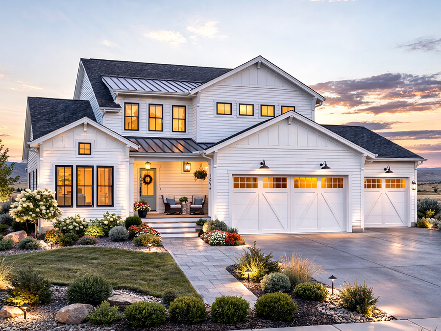 Stetson home plan – modern farmhouse with three-car garage and covered front porch in a Wyoming-inspired setting