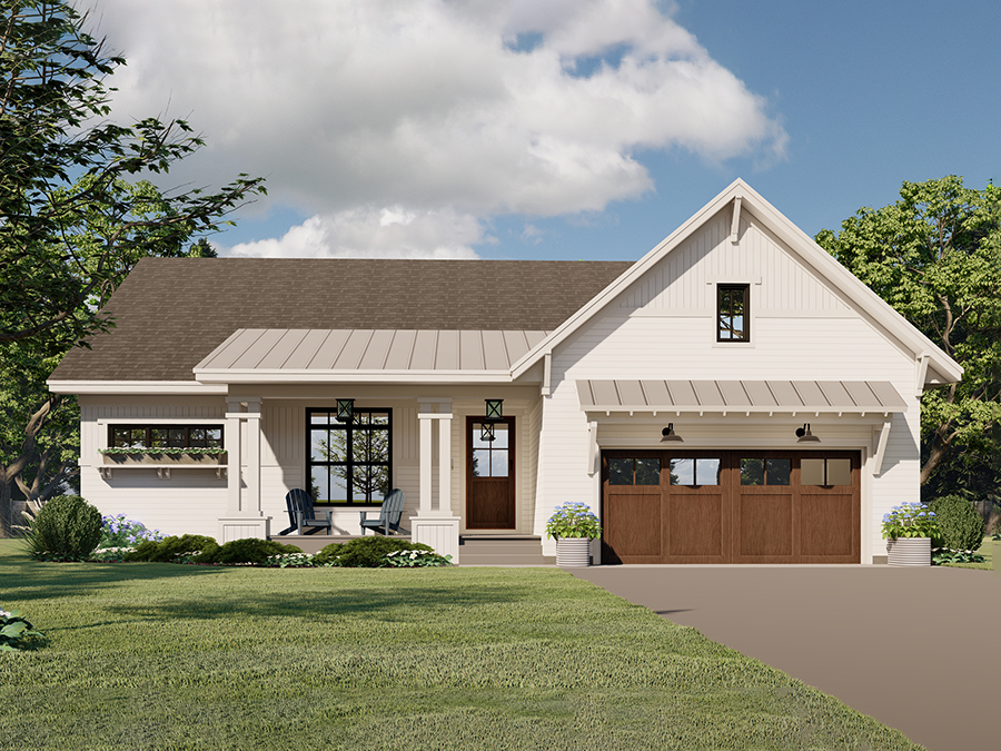 Front of The Carver home, front porch with two columns, ranch-style single-level living with optional basement