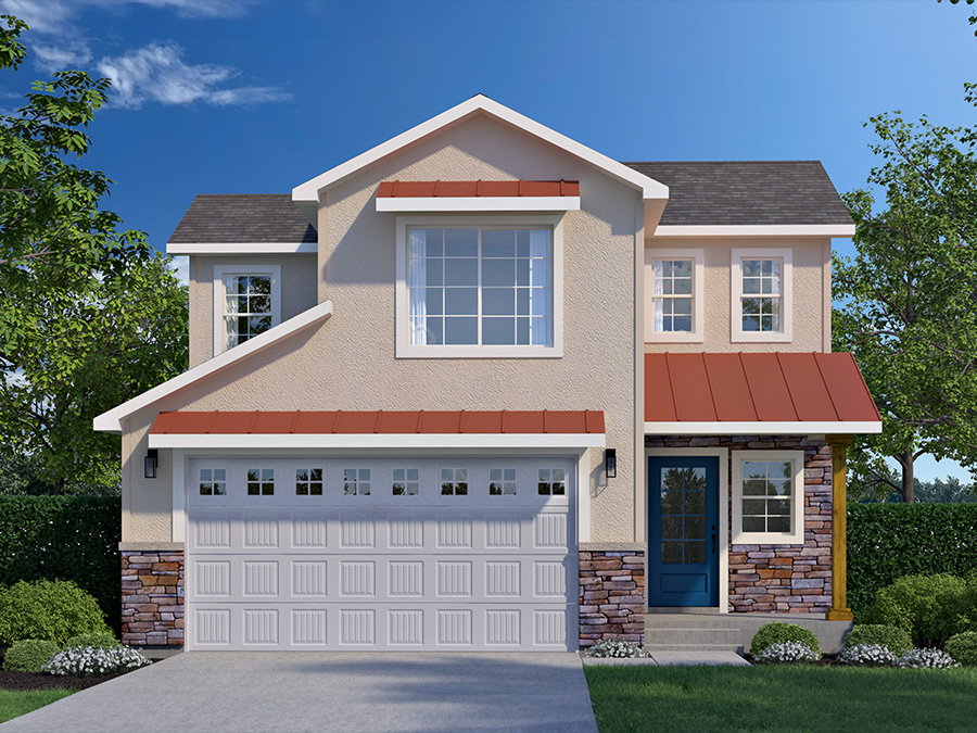 Rendering of The Katherine a two-story home with charming front porch with stucco and copper roofing - new home in SouthWest Wyoming