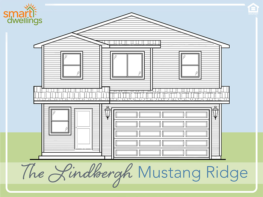 A line drawing of a two story home with the Lindbergh floor plan