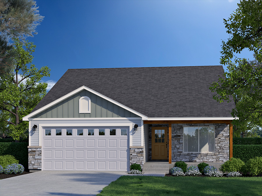 New Smart Dwellings Grey and White  home with Stone Accents, a gable roof and 2-car garage