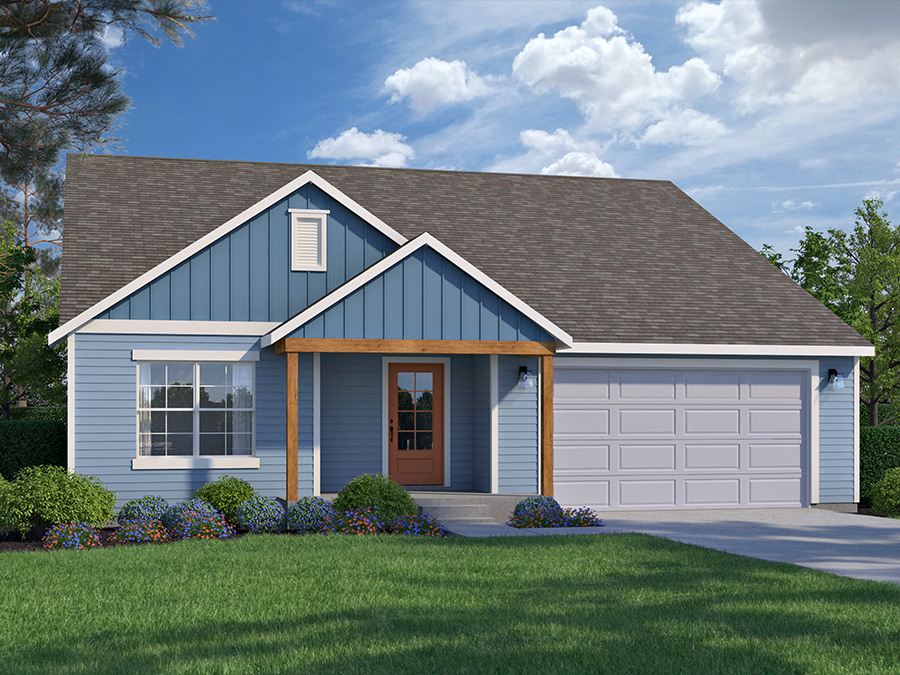 Daylight Rendering of a Charming Blue and White Ranch new home by Smart Dwellings with front porch and 2-car garage in Southwest Wyoming